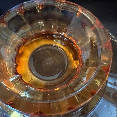CRANBERRY CANDY DISH AND 2 AMBER BOWLS