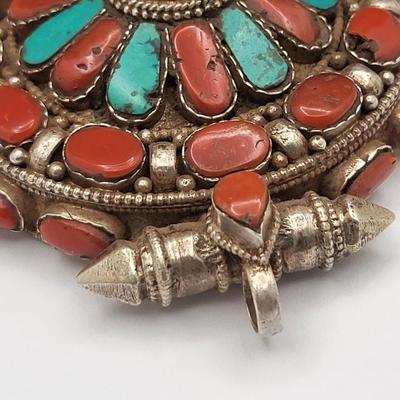 Coral Turquoise Silver Amulet Prayer Box Pendant