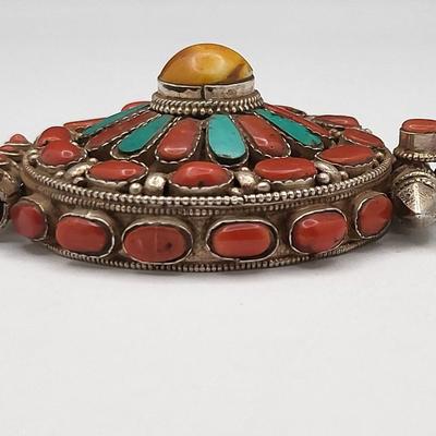 Coral Turquoise Silver Amulet Prayer Box Pendant