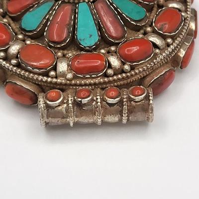 Coral Turquoise Silver Amulet Prayer Box Pendant