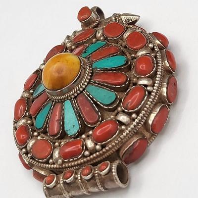 Coral Turquoise Silver Amulet Prayer Box Pendant