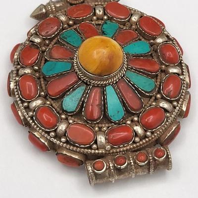 Coral Turquoise Silver Amulet Prayer Box Pendant