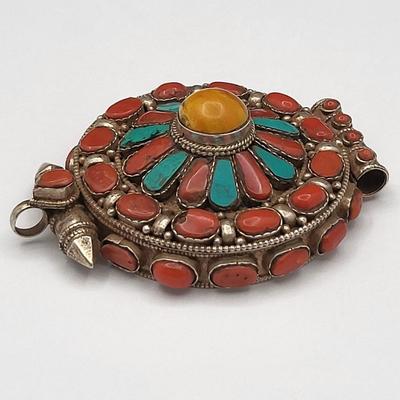 Coral Turquoise Silver Amulet Prayer Box Pendant