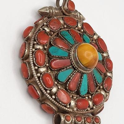 Coral Turquoise Silver Amulet Prayer Box Pendant