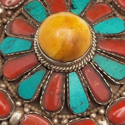 Coral Turquoise Silver Amulet Prayer Box Pendant