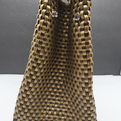 Vintage Plastic Weaved Bag Wood Handles Spain