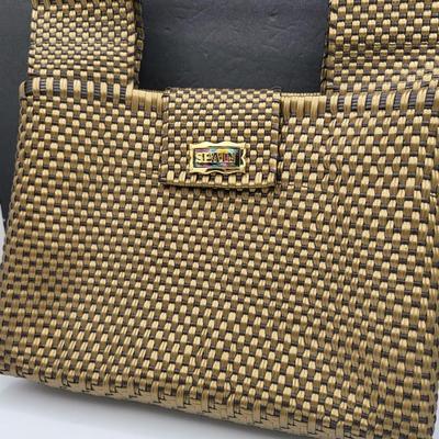 Vintage Plastic Weaved Bag Wood Handles Spain