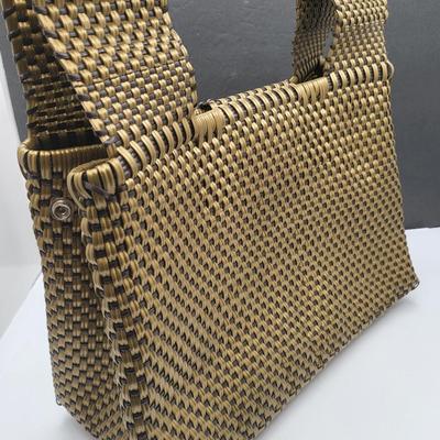 Vintage Plastic Weaved Bag Wood Handles Spain