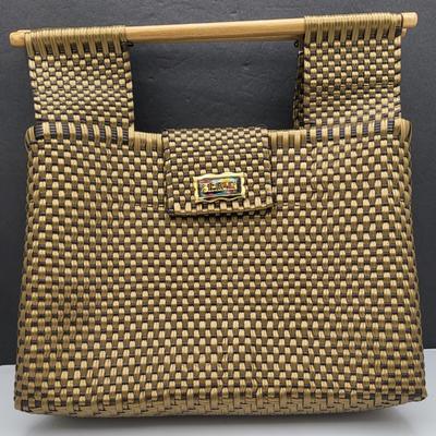Vintage Plastic Weaved Bag Wood Handles Spain