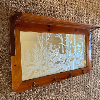 ETCHED MIRRORED WALL SHELF W/COAT HOOKS AND A MIRRORED ELK