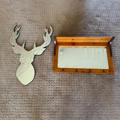 ETCHED MIRRORED WALL SHELF W/COAT HOOKS AND A MIRRORED ELK