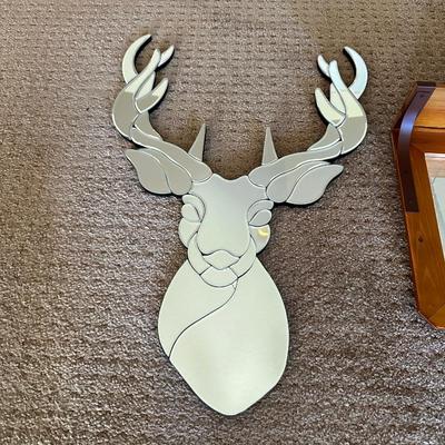 ETCHED MIRRORED WALL SHELF W/COAT HOOKS AND A MIRRORED ELK