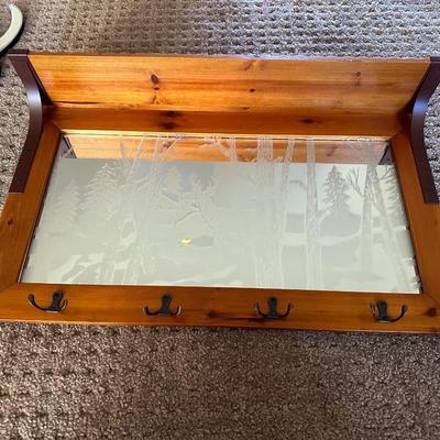 ETCHED MIRRORED WALL SHELF W/COAT HOOKS AND A MIRRORED ELK