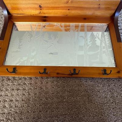 ETCHED MIRRORED WALL SHELF W/COAT HOOKS AND A MIRRORED ELK