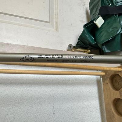 BIBBED RAIN PANTS, FISHING POLES, POLE HOLDER AND TUBE