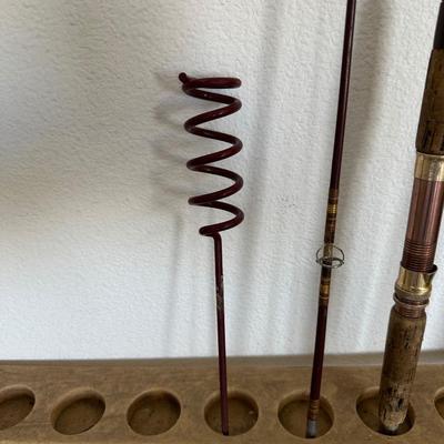 BIBBED RAIN PANTS, FISHING POLES, POLE HOLDER AND TUBE