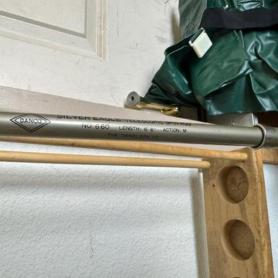 BIBBED RAIN PANTS, FISHING POLES, POLE HOLDER AND TUBE