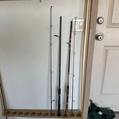 BIBBED RAIN PANTS, FISHING POLES, POLE HOLDER AND TUBE