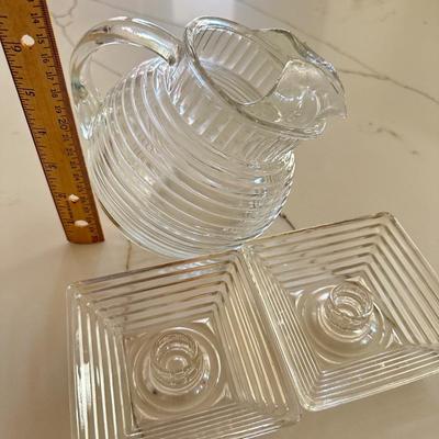 Manhattan Glass Small Pitcher and set of 2 Candle Sticks