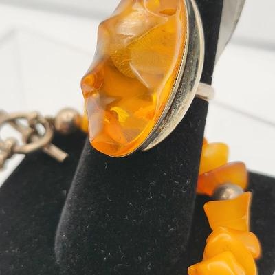 Amber Necklace, 925 Amber Ring + Bonus Amber Stretch Bracelet
