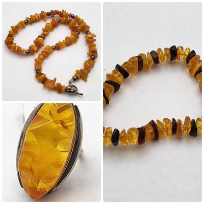 Amber Necklace, 925 Amber Ring + Bonus Amber Stretch Bracelet