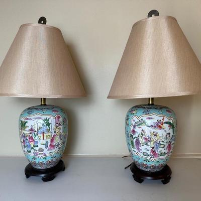 Pair of Ginger Jar Chinoiserie Style Table Lamps with Wood Base