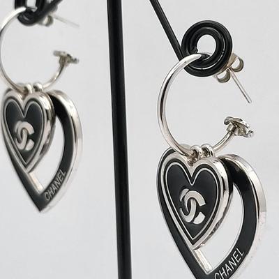 Chanel-Style Double Heart Pierced Earrings