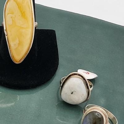 Three Rings In Silver - Amber, Labradorite & Rainbow Moonstone