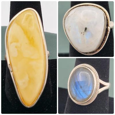 Three Rings In Silver - Amber, Labradorite & Rainbow Moonstone