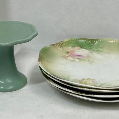 Vintage painted china dessert plates with roses and tiny pedestal stand
