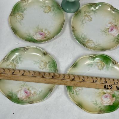 Vintage painted china dessert plates with roses and tiny pedestal stand
