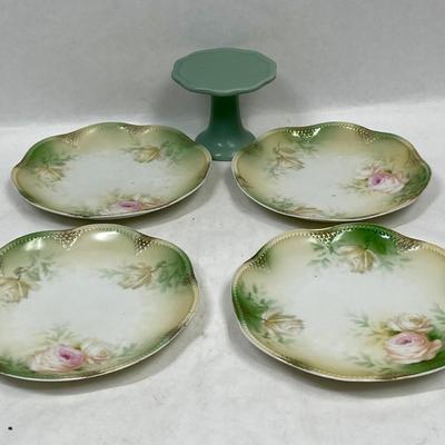 Vintage painted china dessert plates with roses and tiny pedestal stand