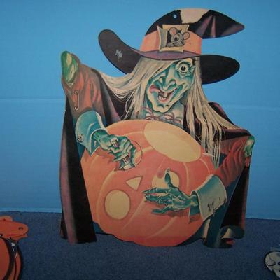 LOT 49 GREAT HALLOWEEN PAPER DECOR--GARLAND/BANNER CAT/SCARECROW/WITCH/SKELETON plus