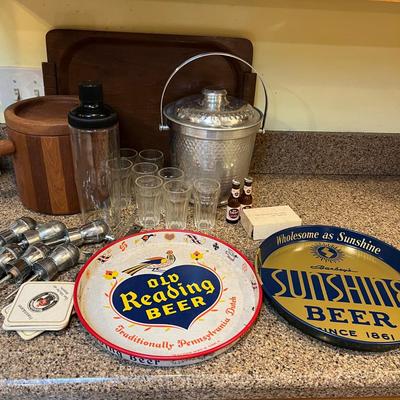 Vintage Barware Lot - Beer Trays, MCM Teak Ice Bucket, MCM Walnut Tray