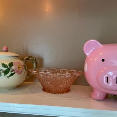 Pink pig and glass with teapot