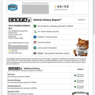 2012 Hyundai Sonata GLS 4 Door Car Sedan 57,002 Miles