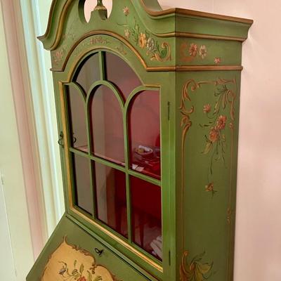 Narrow Green Antique French Secretary Desk with Hutch painted pink roses on creamy background