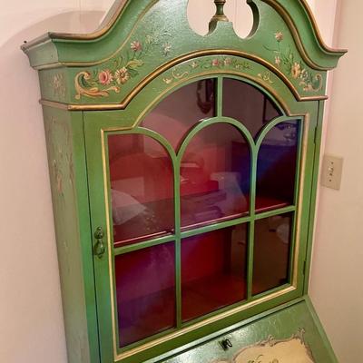 Narrow Green Antique French Secretary Desk with Hutch painted pink roses on creamy background
