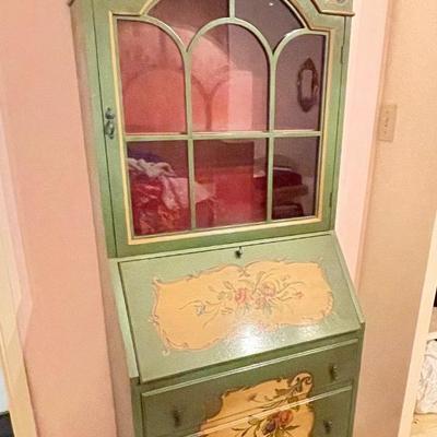 Narrow Green Antique French Secretary Desk with Hutch painted pink roses on creamy background