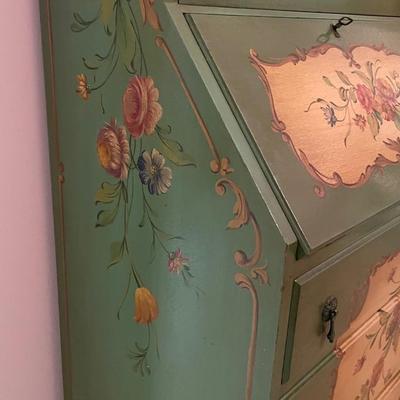 Narrow Green Antique French Secretary Desk with Hutch painted pink roses on creamy background