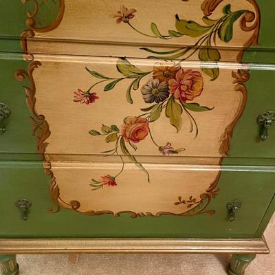 Narrow Green Antique French Secretary Desk with Hutch painted pink roses on creamy background