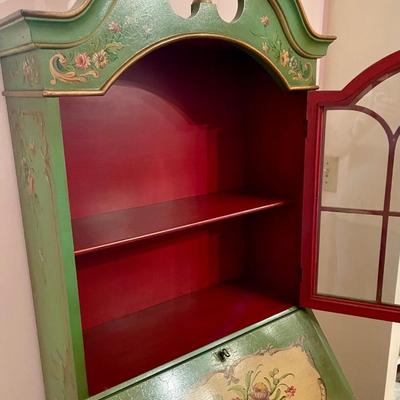 Narrow Green Antique French Secretary Desk with Hutch painted pink roses on creamy background