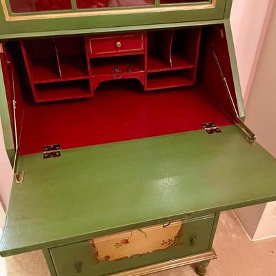 Narrow Green Antique French Secretary Desk with Hutch painted pink roses on creamy background