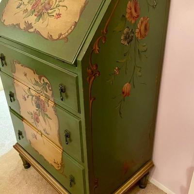 Narrow Green Antique French Secretary Desk with Hutch painted pink roses on creamy background