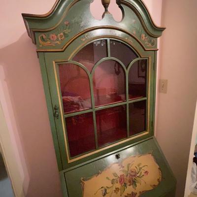 Narrow Green Antique French Secretary Desk with Hutch painted pink roses on creamy background