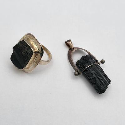 Natural Black Tourmaline Rough Pendant, Rings 925