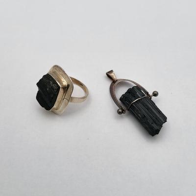 Natural Black Tourmaline Rough Pendant, Rings 925