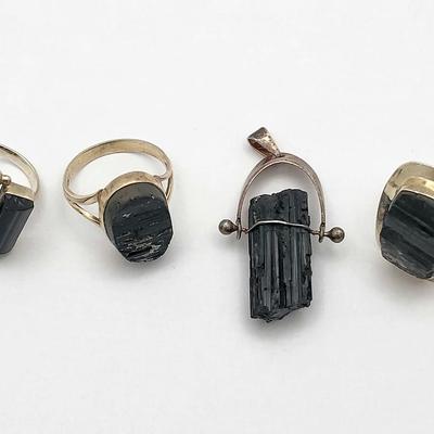 Natural Black Tourmaline Rough Pendant, Rings 925