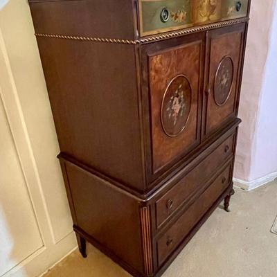 Vintage Berkey and Gay Tall Boy Painted Dresser Inlay Burl Wood and Mahogany