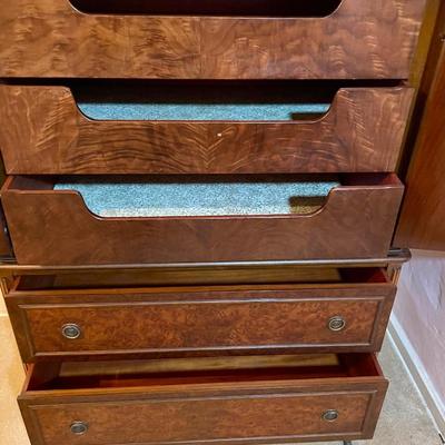 Vintage Berkey and Gay Tall Boy Painted Dresser Inlay Burl Wood and Mahogany